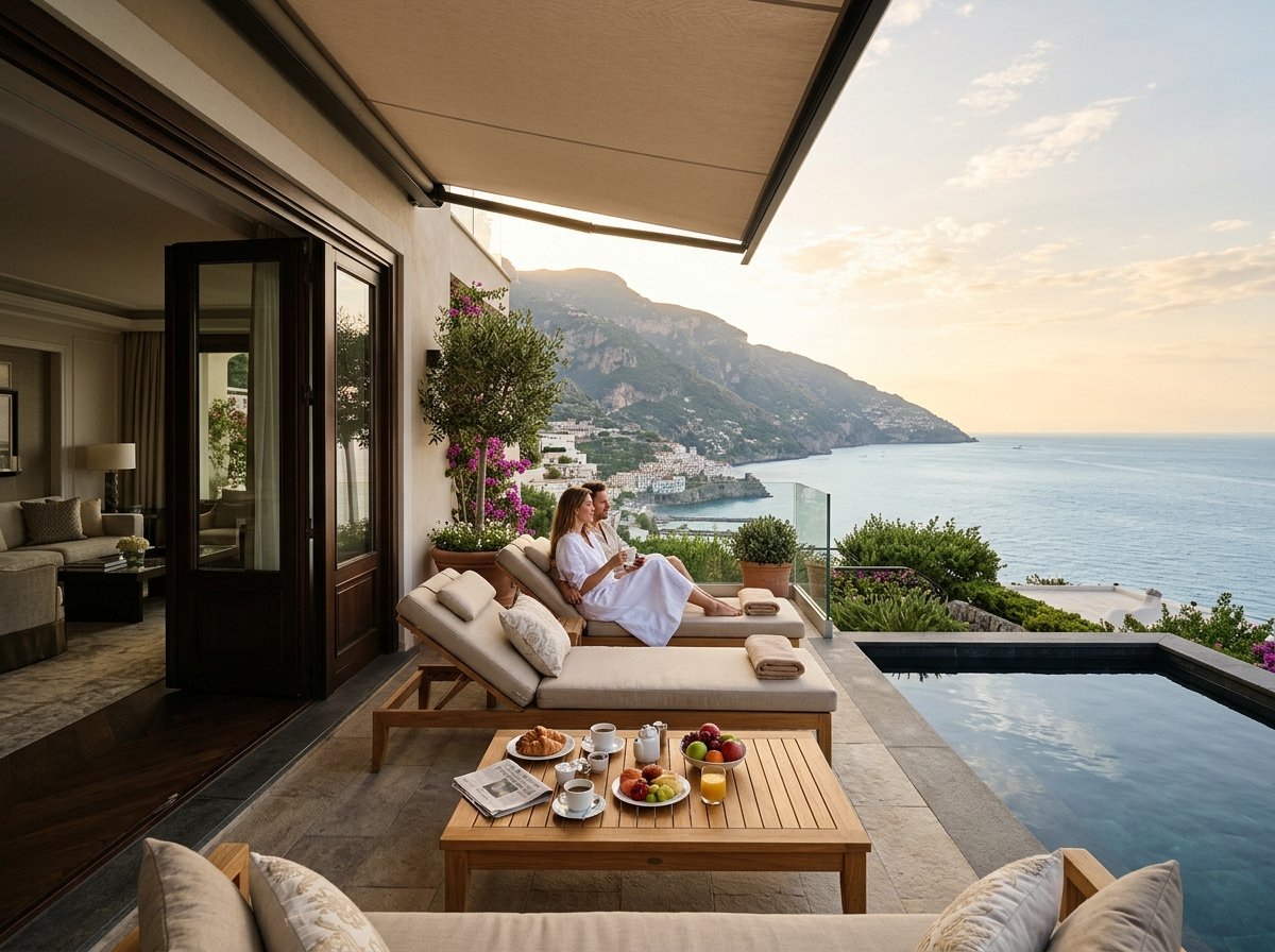 Exclusive luxury hotel suite with private sun deck terrace overlooking panoramic coastal view
