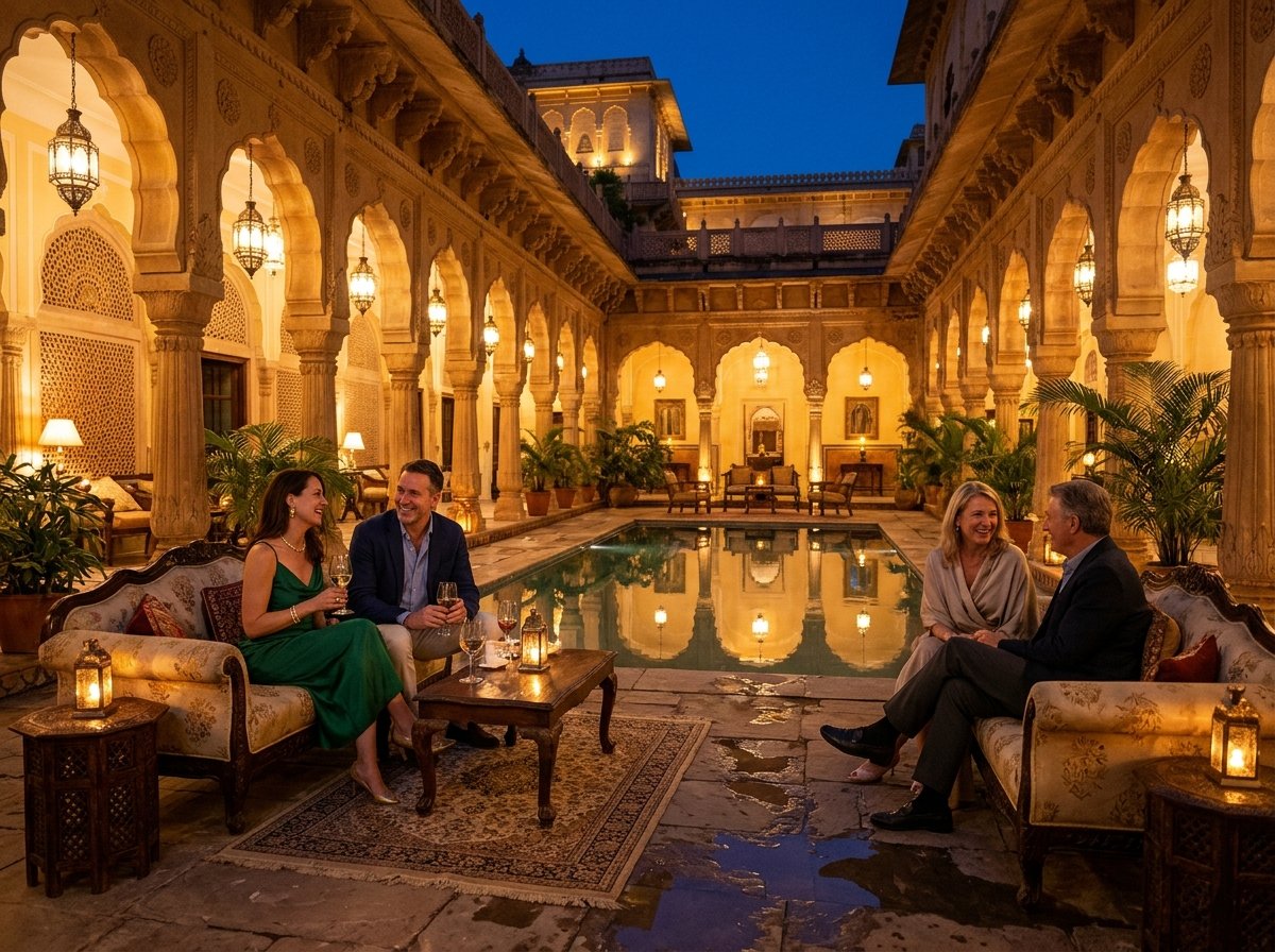 Discerning travellers relaxing at a luxury heritage courtyard pool